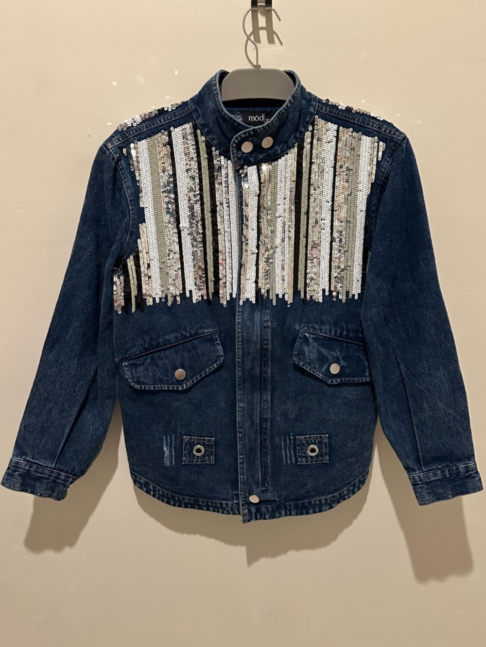 Mod x Women’s Dark Blue Multi-color Sequin Denim Jacket. Size Small - Picture 3 of 8
